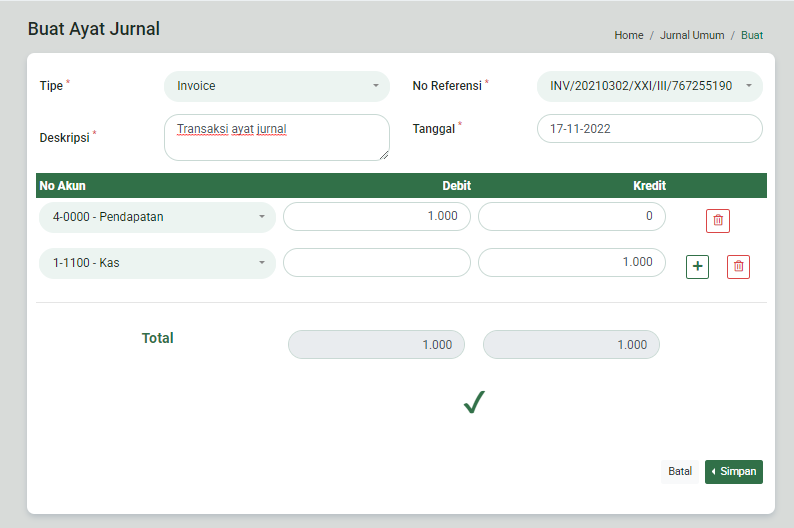 Notifikasi balance pada form tambah ayat jurnal umum