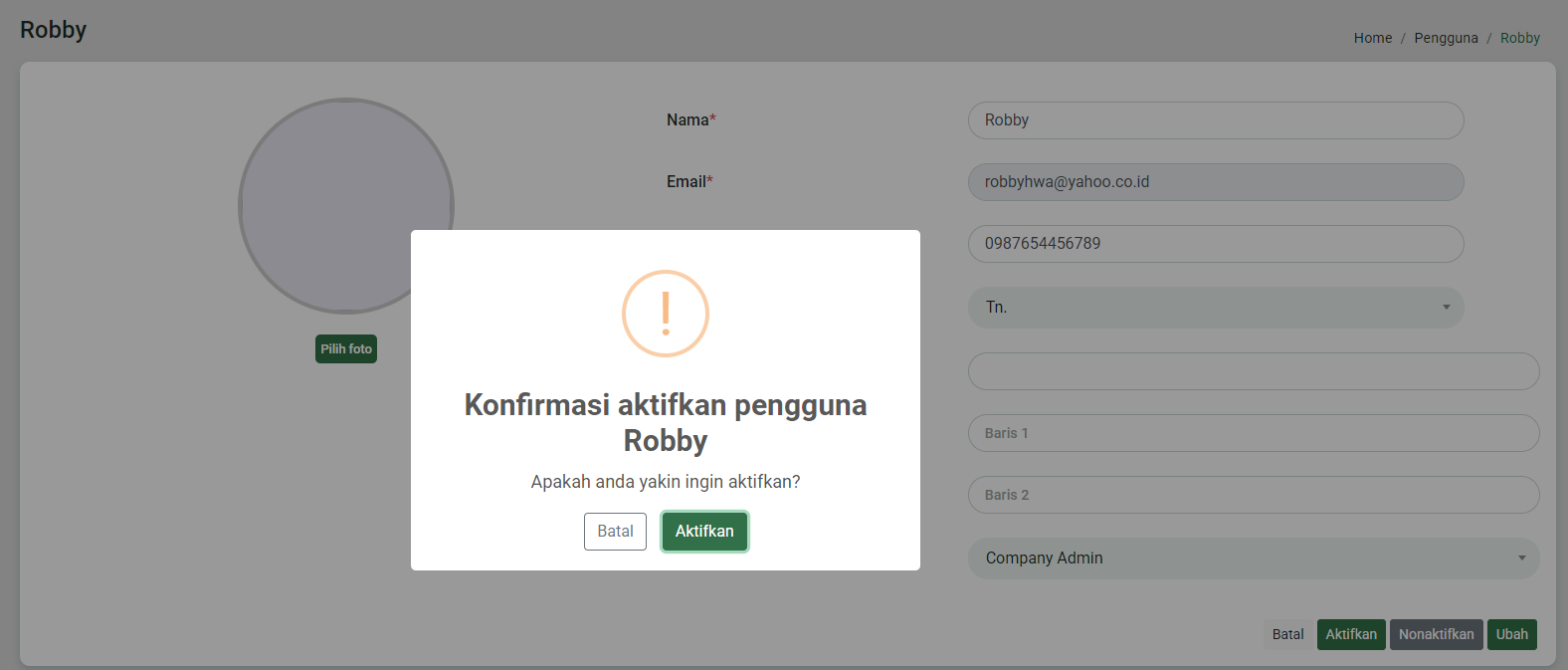 Dialog konfirmasi aktivasi pengguna