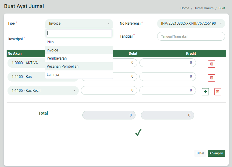 Form tambah ayat jurnal umum