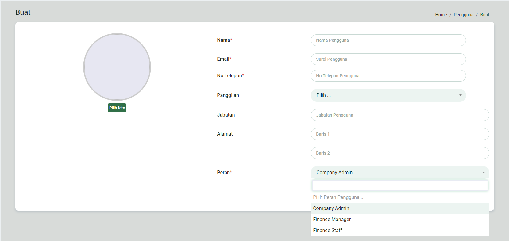 Halaman input data pengguna
