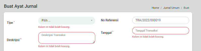 Notifikasi error pada form tambah ayat jurnal umum