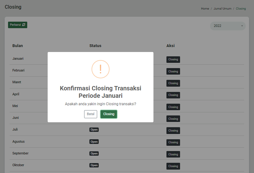 Dialog konfirmasi closing jurnal umum