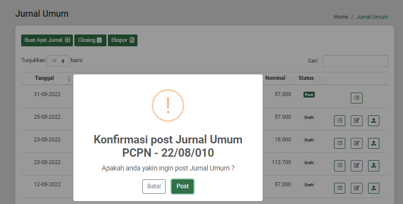 Dialog konfirmasi posting ayat jurnal umum
