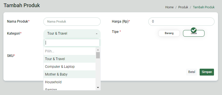 Form tambah data produk