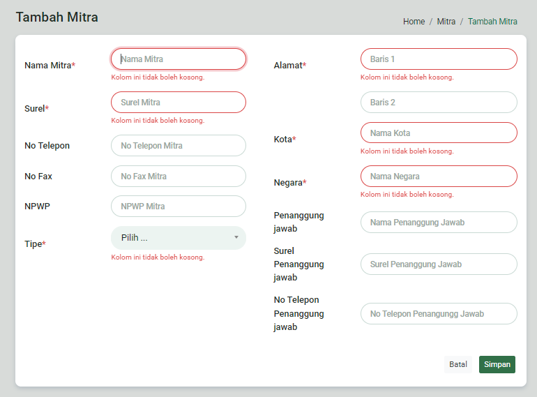 Notifikasi error input data mitra