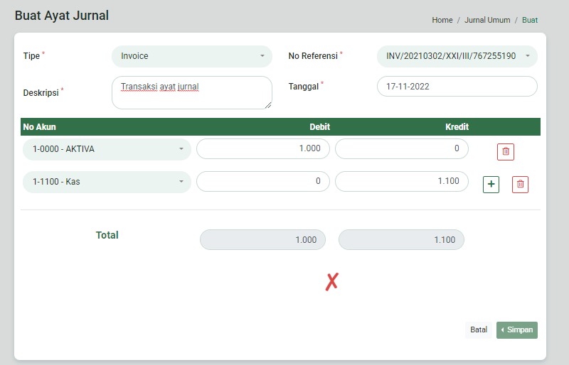 Notifikasi tidak balance pada form tambah ayat jurnal umum